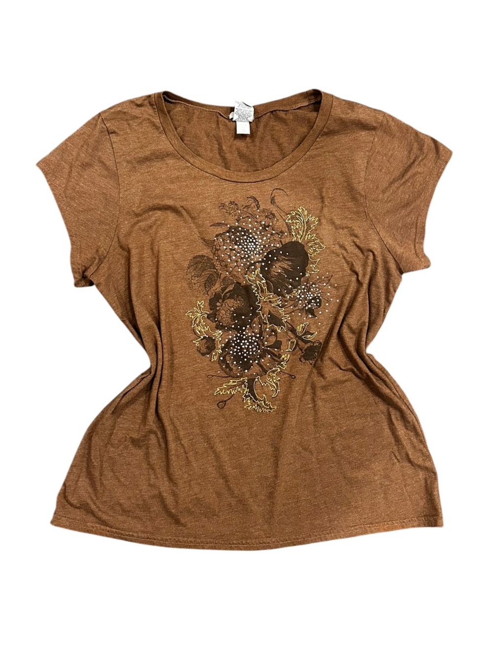 Y2K Brown old navy top with flower design and rhinestones! Size XXL